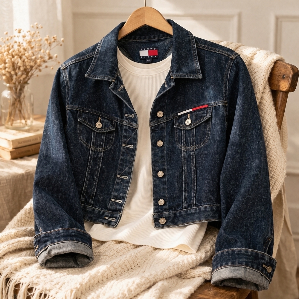 Tommy Jeans Cropped Denim Jacket Dark Wash • Flag Logo • Y2K Style • Size L